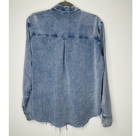 Rails Blue Acid Wash Ingrid Denim Button Collared Raw Hem Long Sleeve Shirt L - Picture 6 of 13